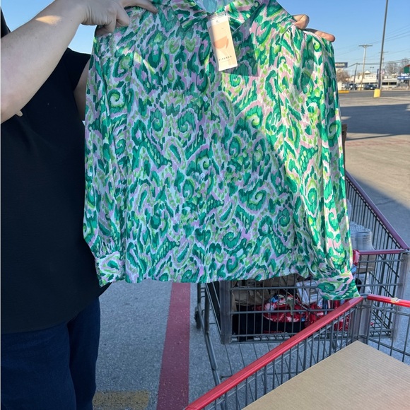 Boho Chiffon Lantern Sleeve Top - Green and Pink - Picture 4 of 4